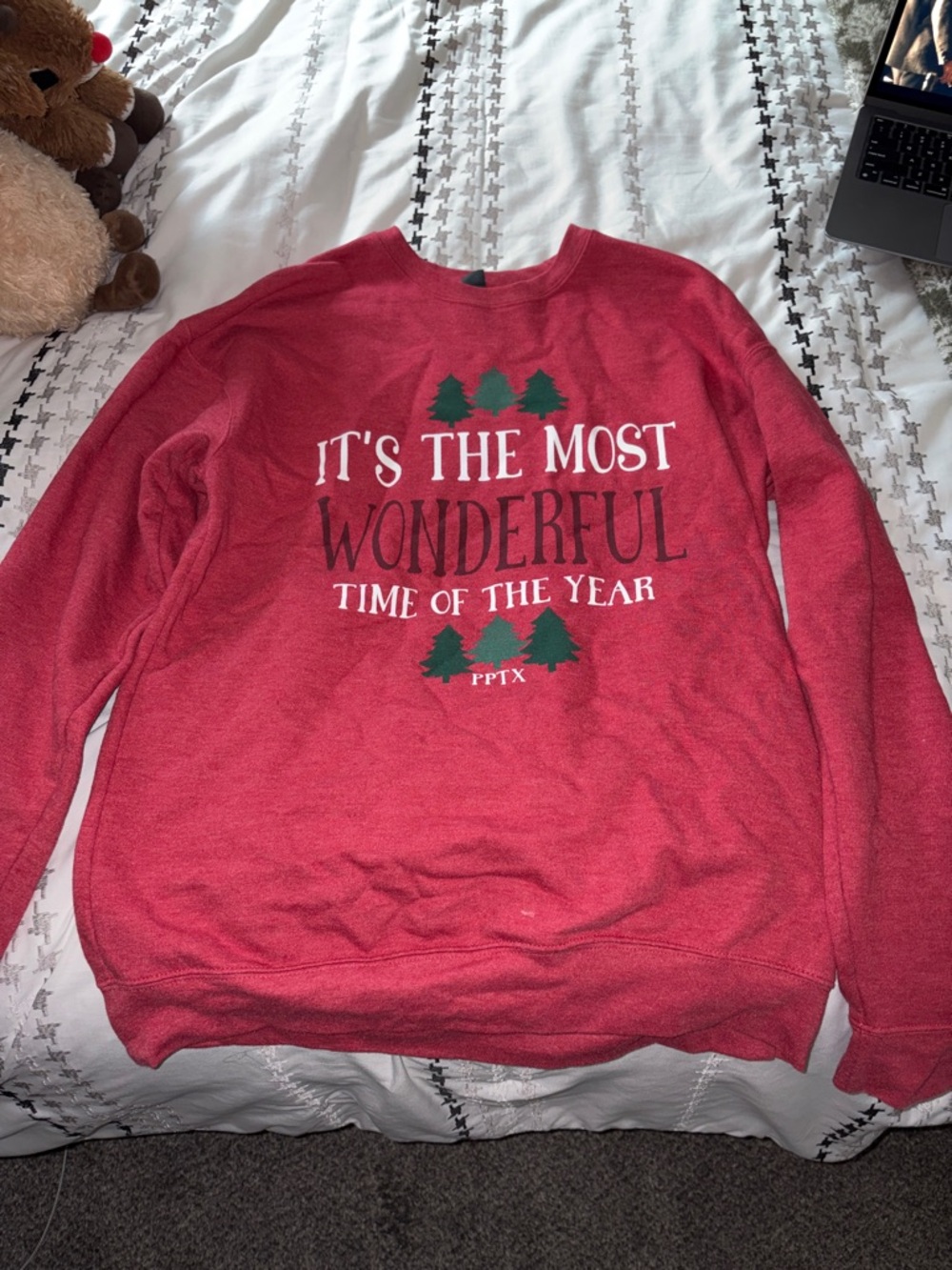 Tultex Red Holiday Sweatshirt with Green Tree Graphics